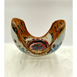 VTG Ken Edwards Mexican Tonala Hand Painted Pottery Boat-Shape Candle Holder